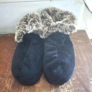 Vibrating Massage Black Bootie Slippers Faux Fur trim sz Large